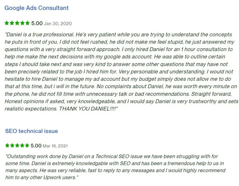 Κριτικές στο Upwork, 5.00 αστέρια: Σύμβουλος Google Ads· τεχνικό ζήτημα SEO