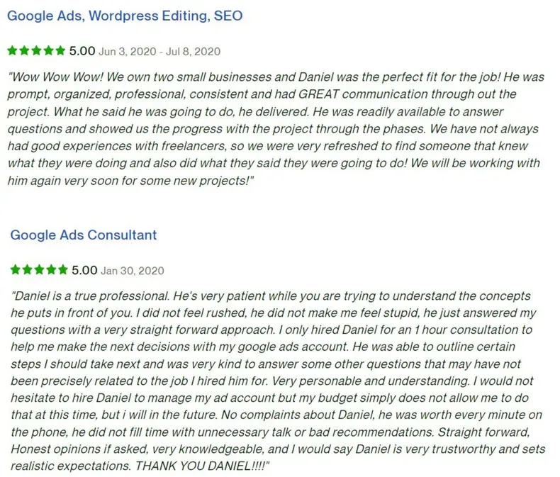 Κριτικές στο Upwork, 5.00 αστέρια: Google Ads, επεξεργασία WordPress, SEO· Σύμβουλος Google Ads