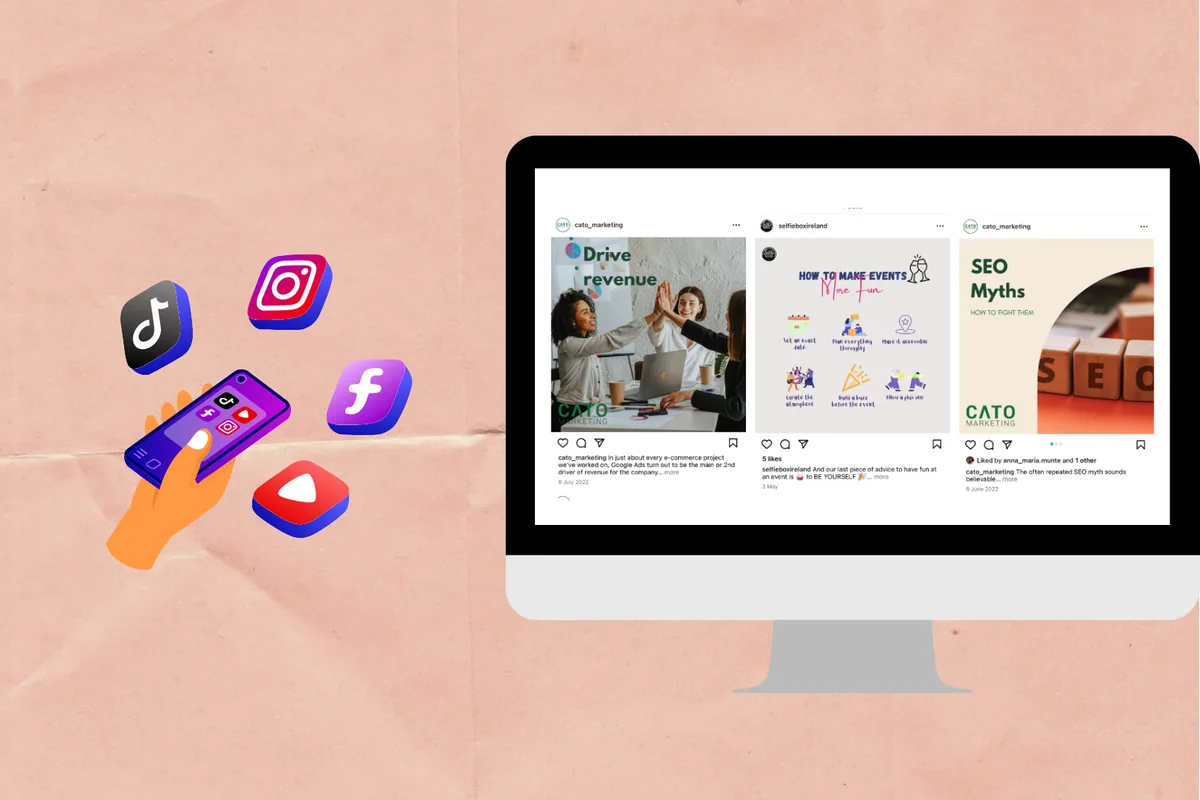 Αναρτήσεις της Cato Marketing στα social media σε οθόνη υπολογιστή, με εικονίδια εφαρμογών social
