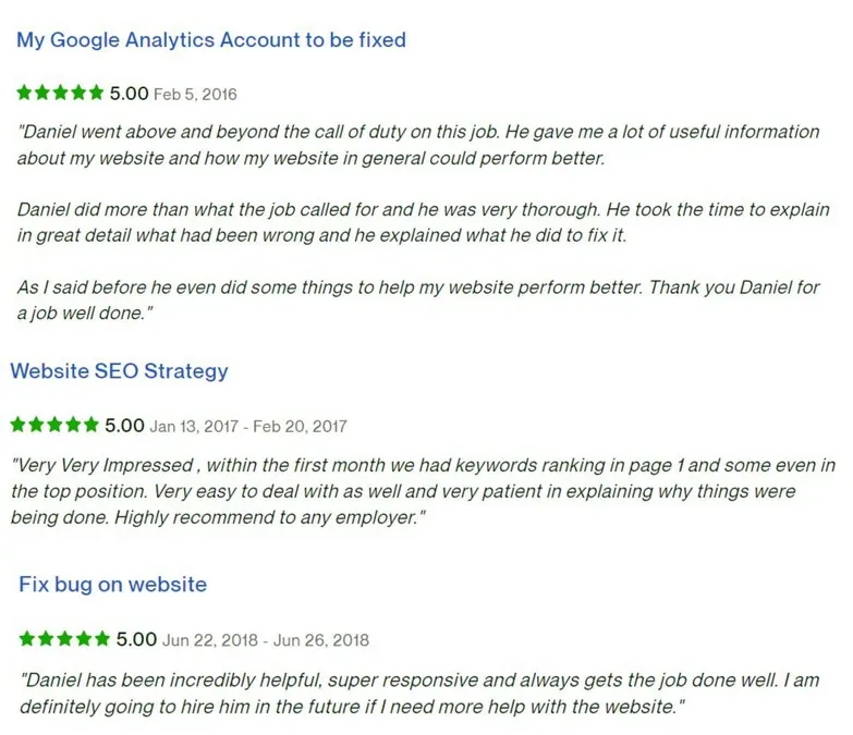 Κριτικές στο Upwork, 5.00 αστέρια: Διόρθωση του λογαριασμού μου στο Google Analytics· Στρατηγική SEO για ιστότοπο· Διόρθωση σφάλματος στον ιστότοπο
