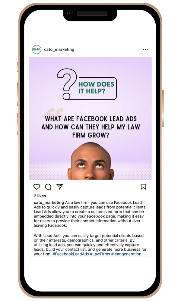 Ανάρτηση στο Instagram σε κινητό: ανάρτηση της Cato Marketing που ρωτά τι είναι οι Facebook Lead Ads και πώς μπορούν να βοηθήσουν ένα δικηγορικό γραφείο να αναπτυχθεί