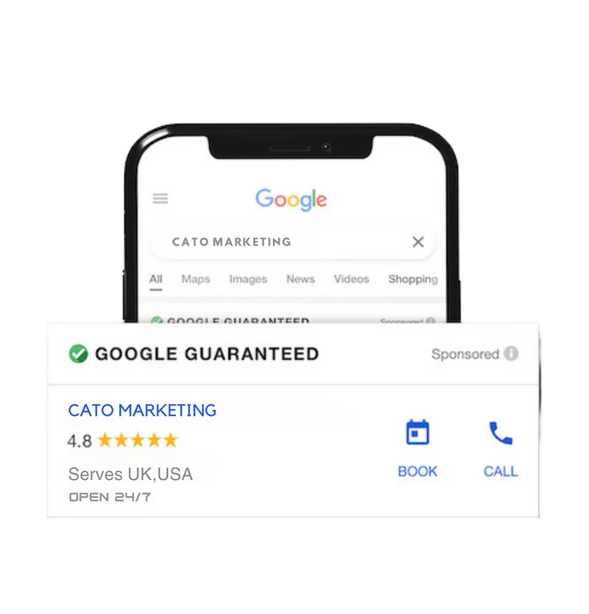 Διαφήμιση Google Guaranteed Local Services της Cato Marketing σε κινητό, με βαθμολογία 4.8 αστέρων και κουμπιά Book και Call