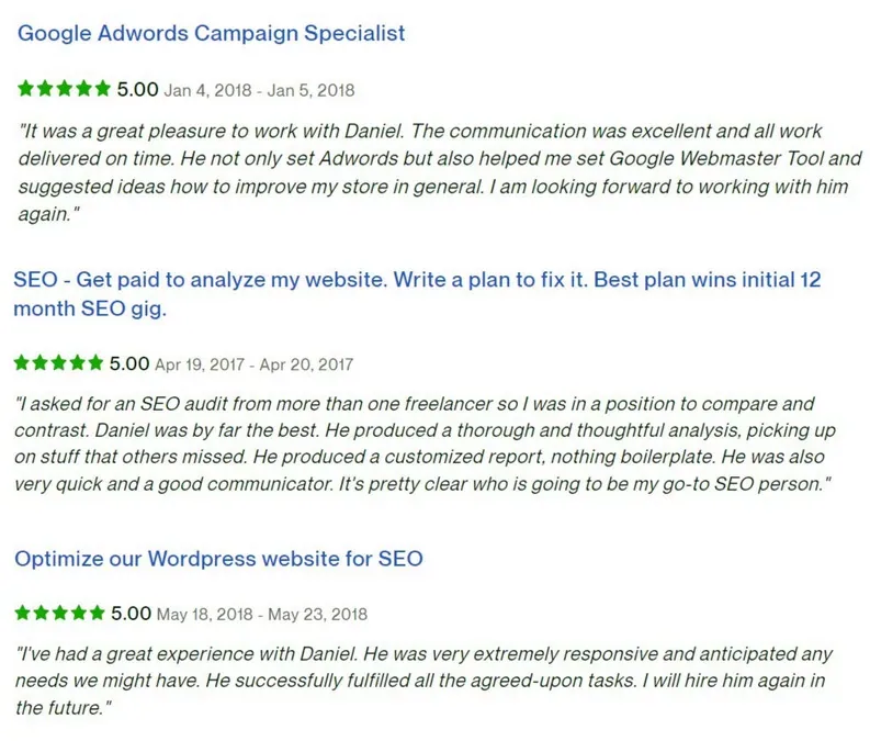 Κριτικές στο Upwork, 5.00 αστέρια: Ειδικός καμπανιών Google Ads· SEO - Αμοιβή για ανάλυση του ιστοτόπου μου· Βελτιστοποίηση του WordPress ιστοτόπου μας για SEO