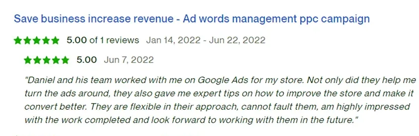 Κριτική στο Upwork, 5.00 αστέρια: Σώστε την επιχείρηση, αυξήστε τα έσοδα - διαχείριση καμπάνιας Google Ads (PPC)