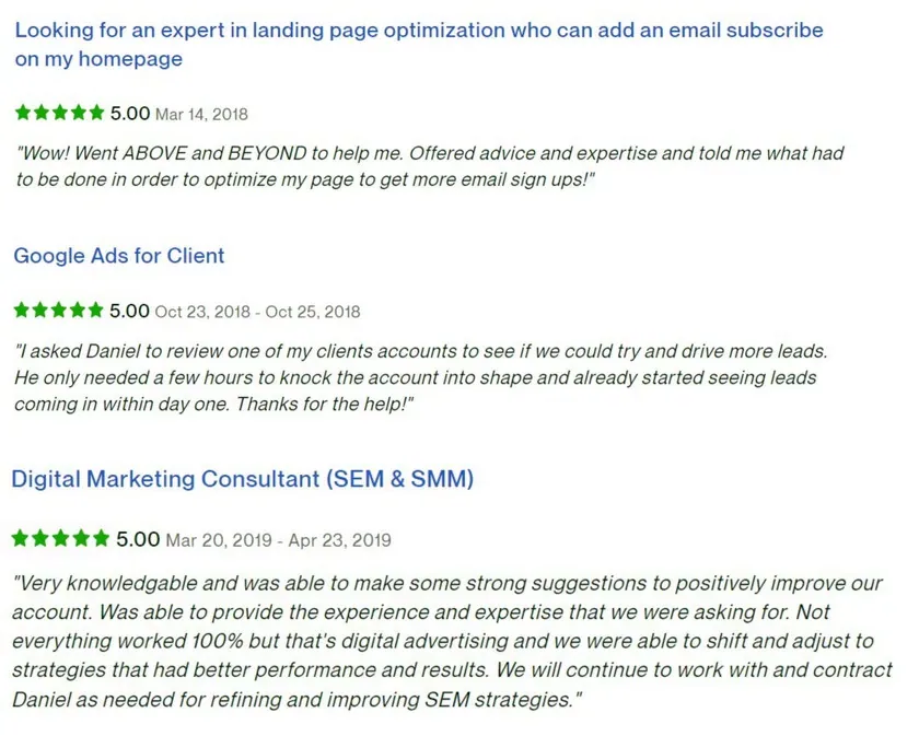 Κριτικές στο Upwork, 5.00 αστέρια: Βελτιστοποίηση landing page· Google Ads για πελάτη· Σύμβουλος ψηφιακού μάρκετινγκ (SEM & SMM)