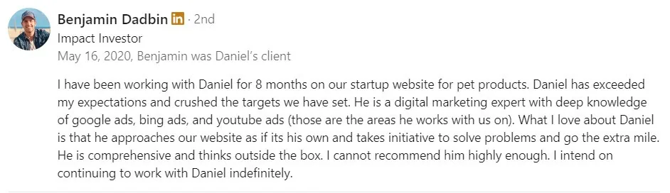Σύσταση στο LinkedIn από τον Benjamin Dadbin, Impact Investor
