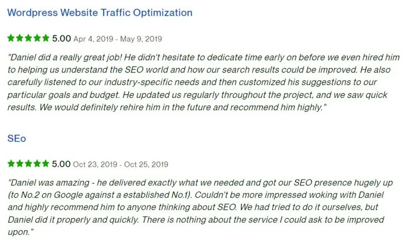 Κριτικές στο Upwork, 5.00 αστέρια: Βελτιστοποίηση επισκεψιμότητας WordPress ιστοτόπου· SEO