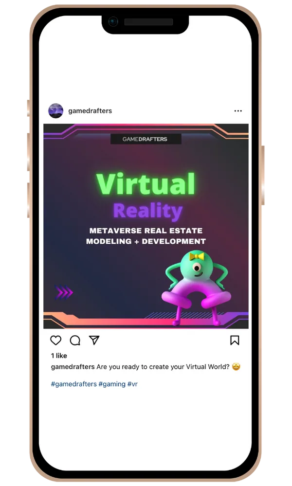 Ανάρτηση στο Instagram σε κινητό: γραφικό της Gamedrafters για ακίνητα στο metaverse της εικονικής πραγματικότητας